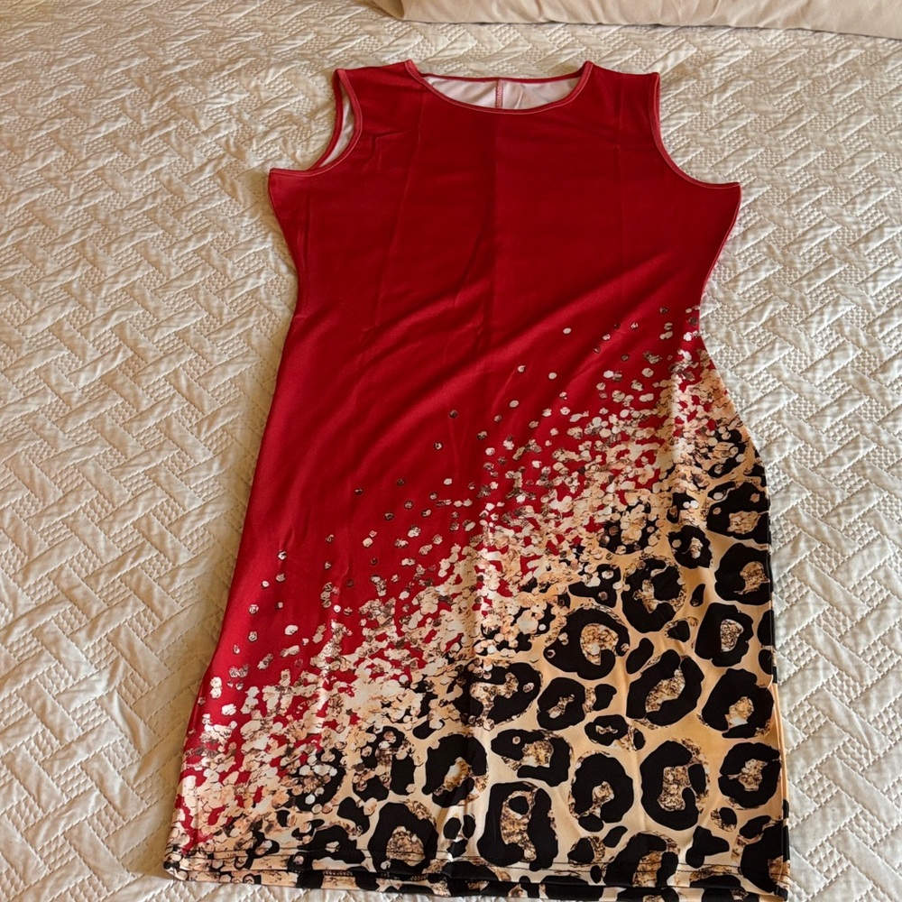 Elegant Red and Leopard Print Dress with long sleeve cover up